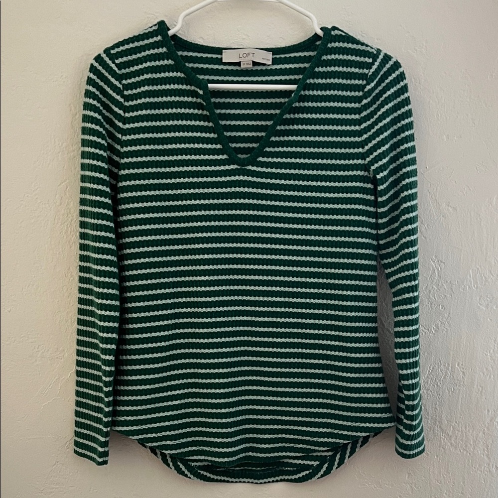 LOFT Dark Green and White Striped Long Sleeve Top SP